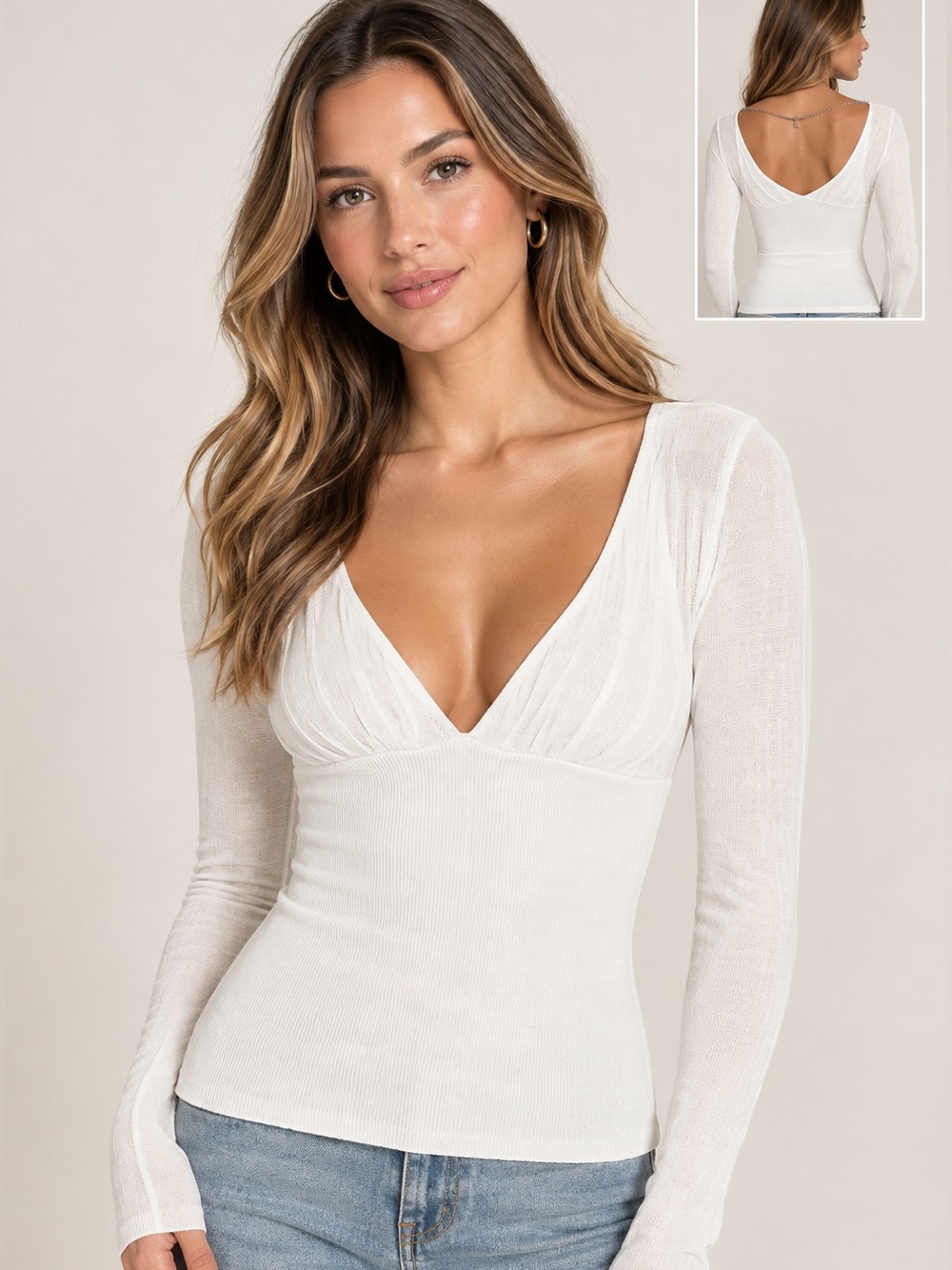 Armani Exchange White V-Neck Ribbed Long Sleeve Top